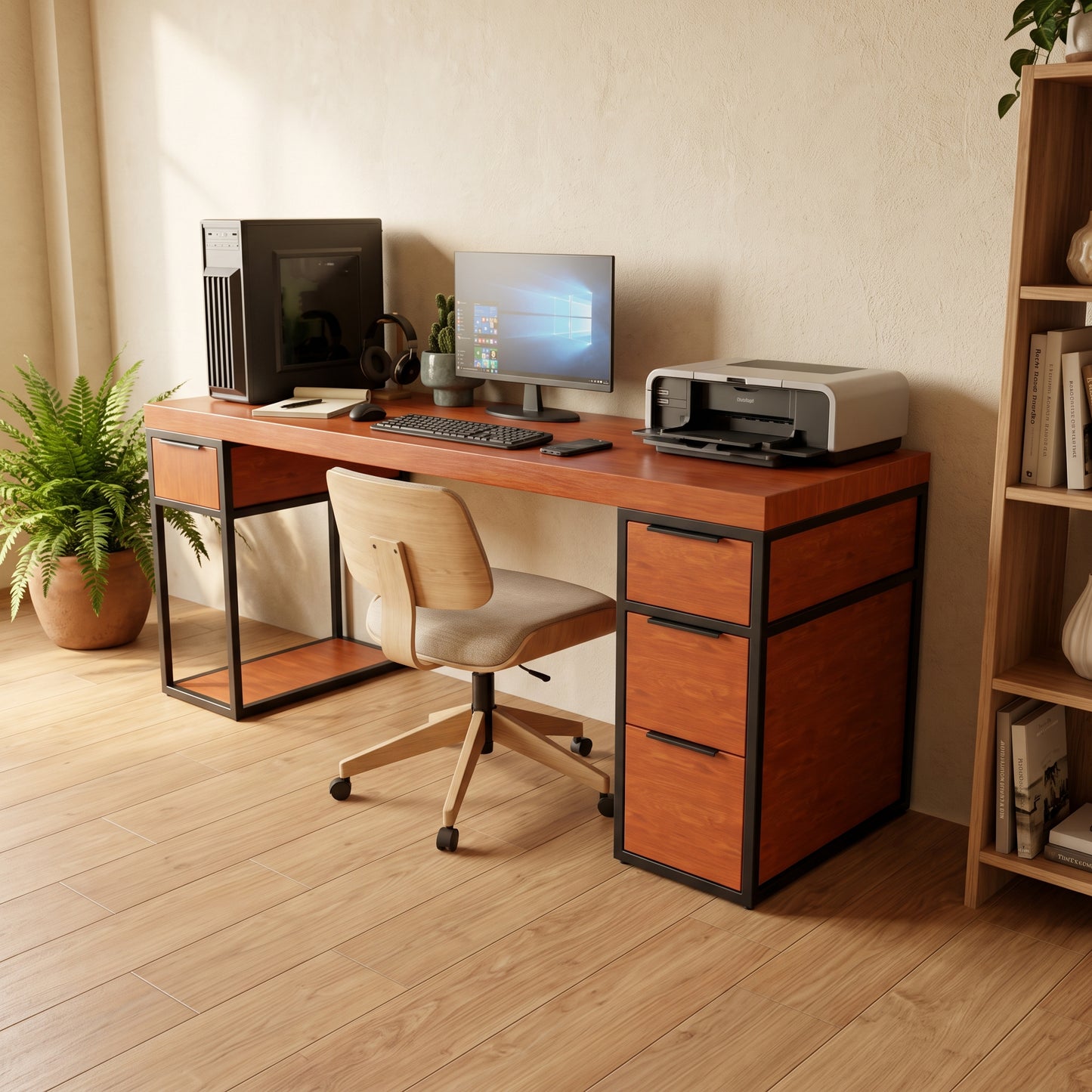 Escritorio de madera cedro con cuatro cajones, vista en perspectiva con silla.
