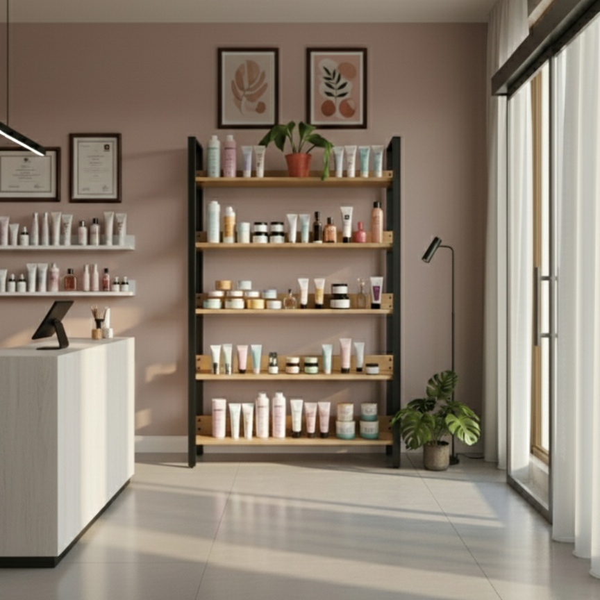 librero metal y madera con 5 repisas en un local comercial