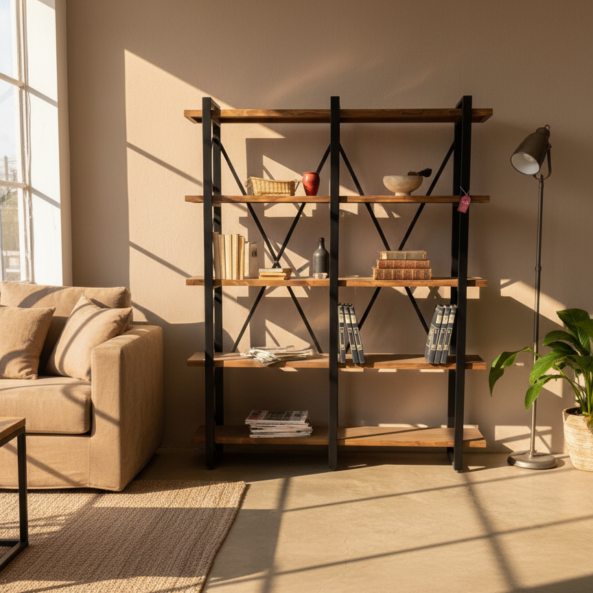 libero de estilio industrial de metal y madera en una sala