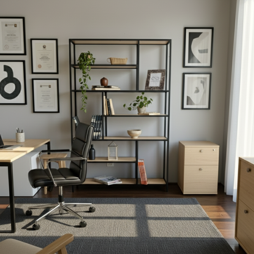 librero estilo industrial en una oficina