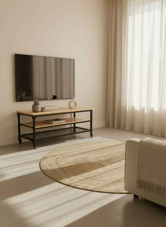 Mesa para TV industrial modelo Nashville con entrepaños de madera colopr pino y estructura de metal negro, decorada con libros y florero, frente a un tapete redondo de fibra natural y cortinas beige.