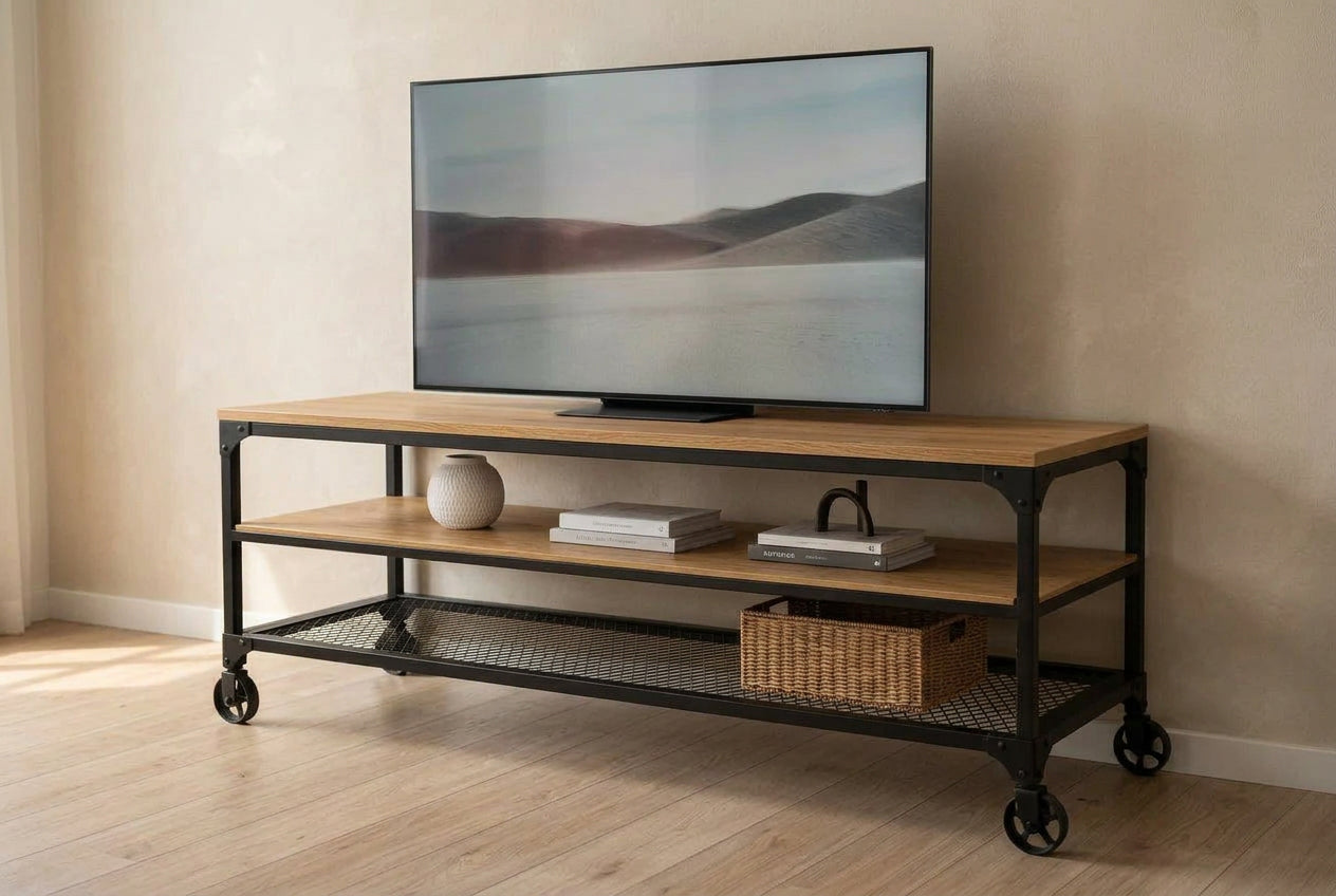 Vista frontal de la mesa para TV industrial modelo Nashville con dos entrepaños de maderacolor roble, repisa inferior de rejilla metálica con canasta de mimbre y ruedas de metal negro.