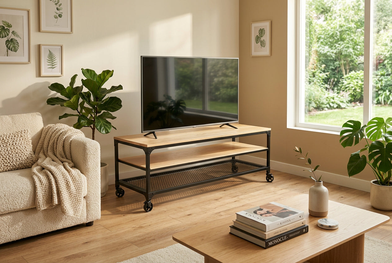 Mesa para TV industrial modelo Nashville de madera y metal negro con ruedas, con la televisión apoyada sobre la cubierta, en una sala con piso de madera, plantas y ventanal con vista al jardín.