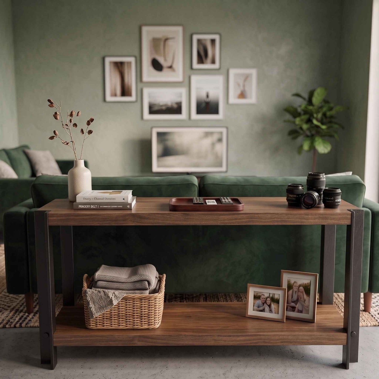 Mueble BRONTE en tono nogal y acero negro usado como consola detrás de un sofá verde.