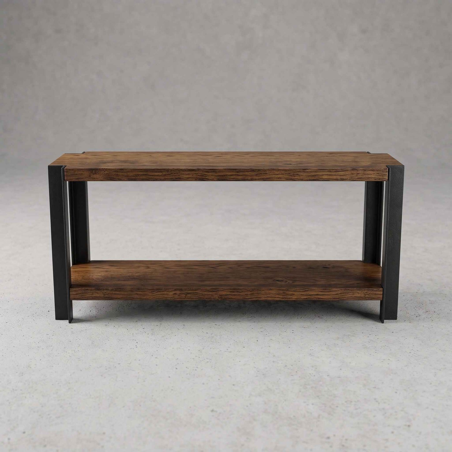 Vista frontal del mueble BRONTE de dos niveles en tono nogal con estructura de acero negro.