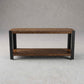 Vista frontal del mueble BRONTE de dos niveles en tono nogal con estructura de acero negro.