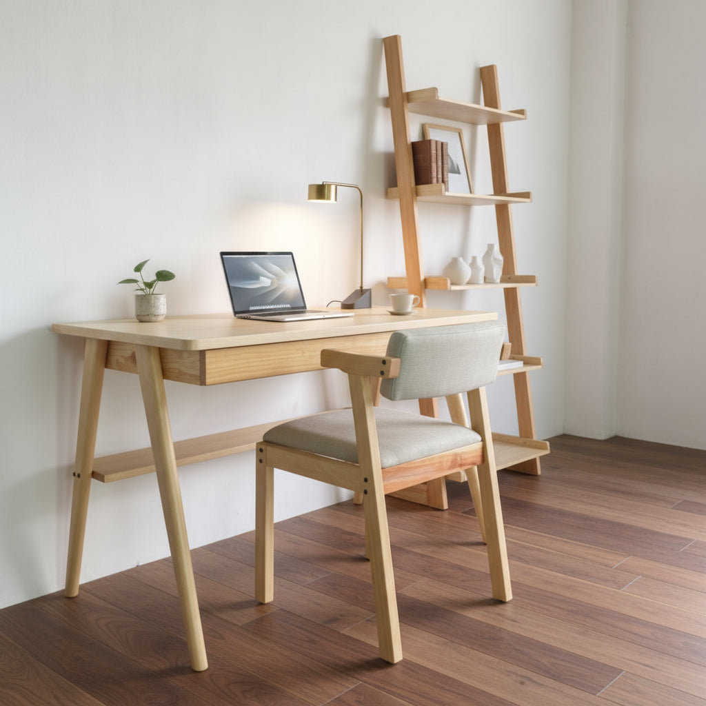  Muebles de oficina minimalistas madera maciza pino- Escritorio con cajones y librero para home office
