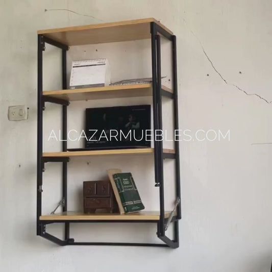 LIBRERO PLEGABLE QUE SE CONVIERTE EN MESA AMPLIA DE METAL Y MADERA CON ENTREPAÑOS DE MADERA SOLIDA RESISTENTE