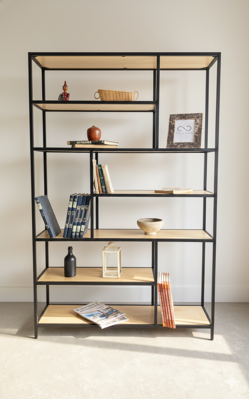 librero estilo industrial con repisas de madera