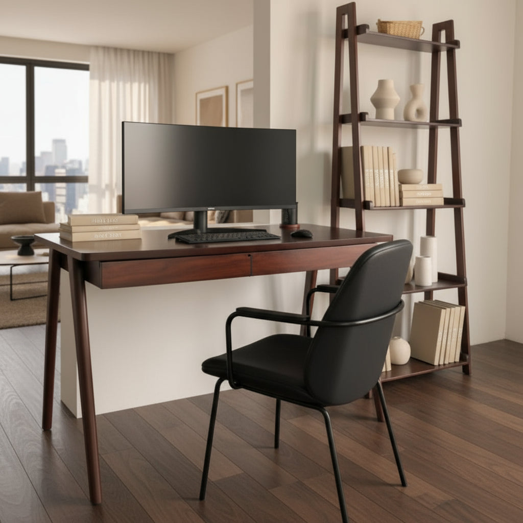  Escritorio madera con cajones y librero de madera acabado nogal - Muebles modernos para oficina
