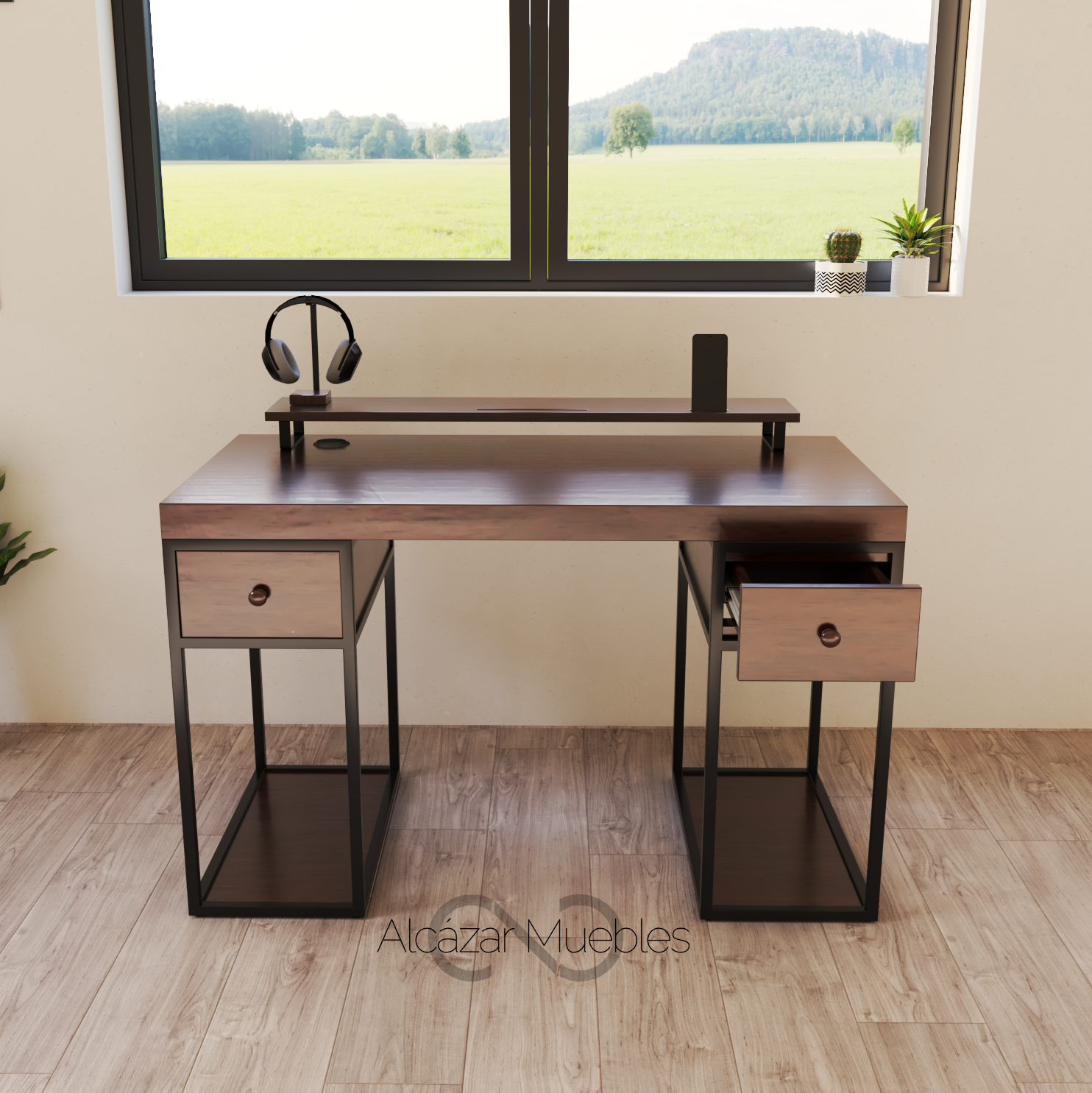 Escritorio Home Office 120 cm 2 cajones de madera. Nogal Alcazarmuebles.com