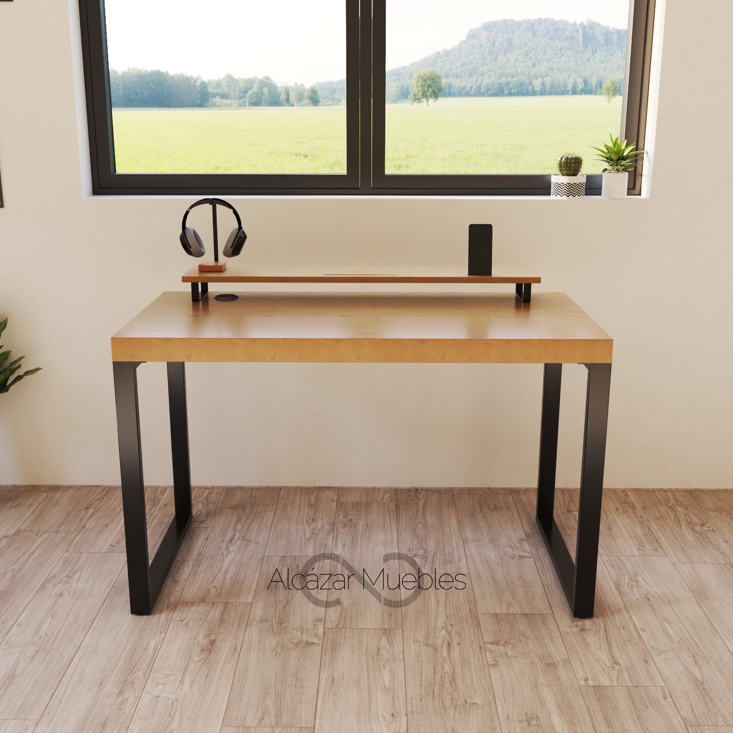 Escritorio Home Office 120 cm 2 soportes de metal Roble AlcazarMuebles.com