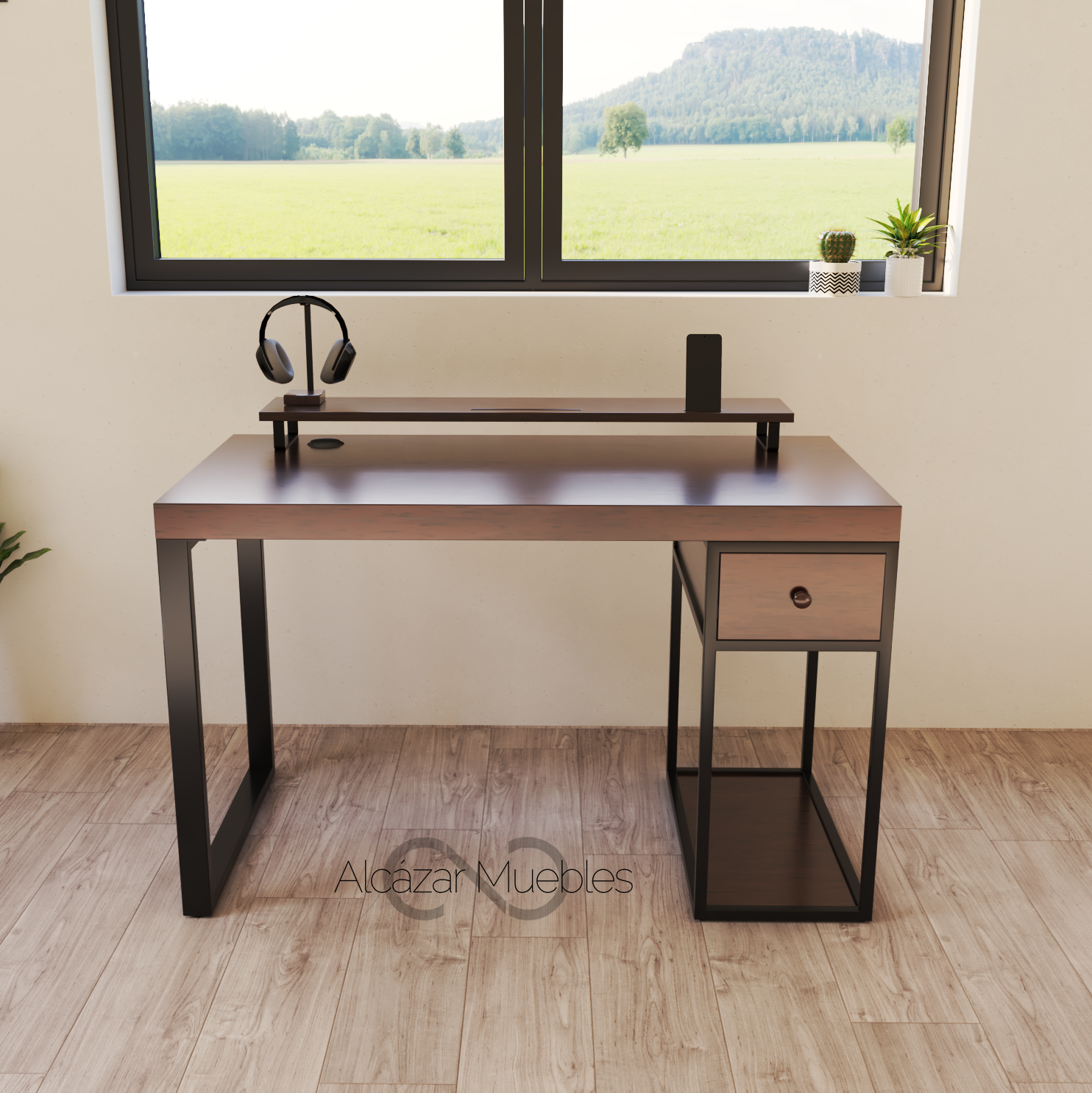 Escritorio metal madera 120 cm de largo x 60 cm de ancho y 75 cm de alto.1 cajon , color nogal. con 1 repisa y pasacables