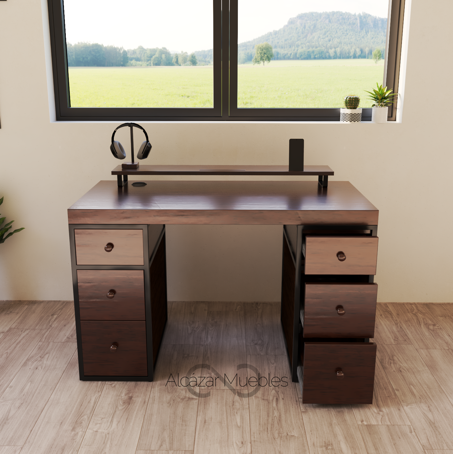 Escritorio Home Office 120 cm. 6 Cajones De Madera para Oficina Nogal Alcazarmuebles.com