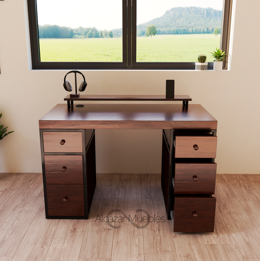 Escritorio Home Office 120 cm. 6 Cajones De Madera para Oficina Nogal Alcazarmuebles.com