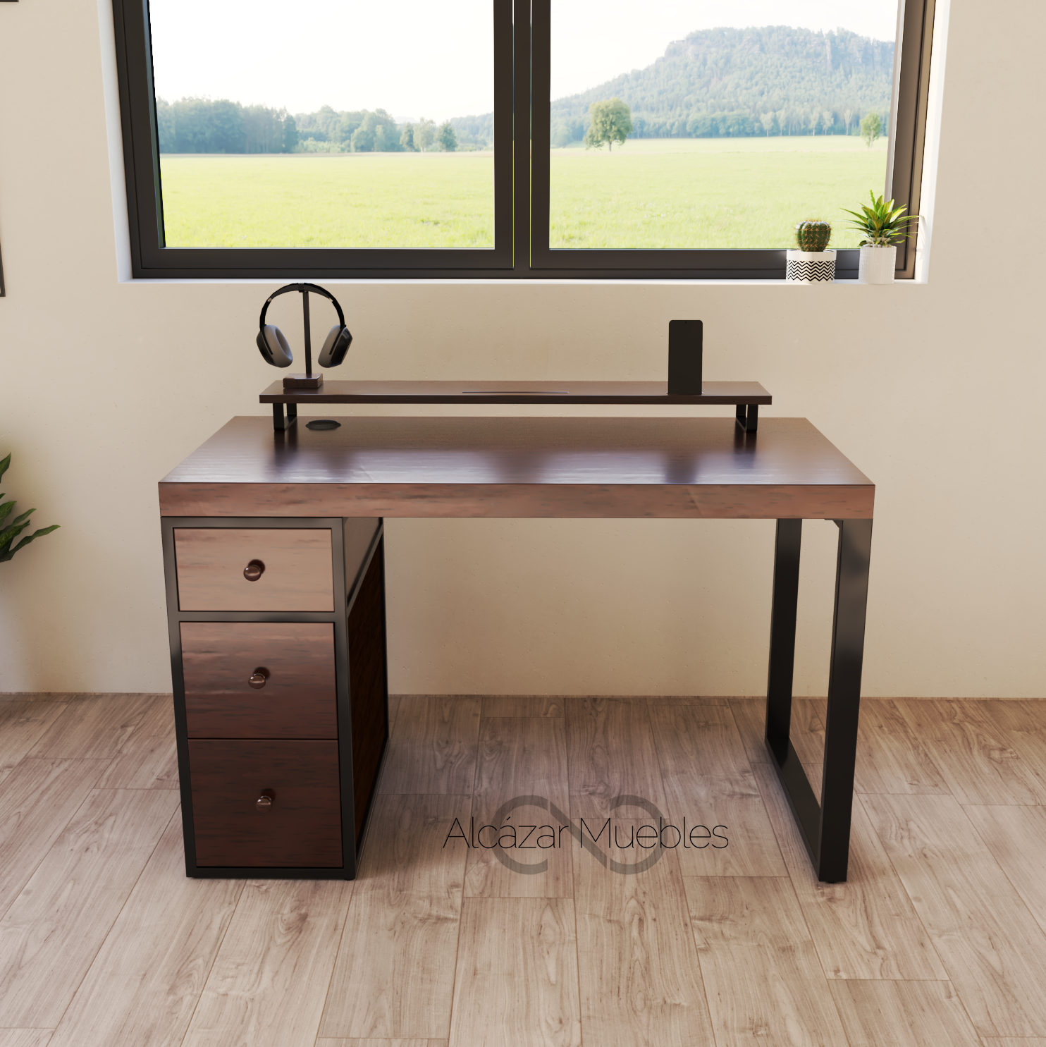 Escritorio Home Office 120 cm 3 cajones Nogal Alcazarmuebles.com