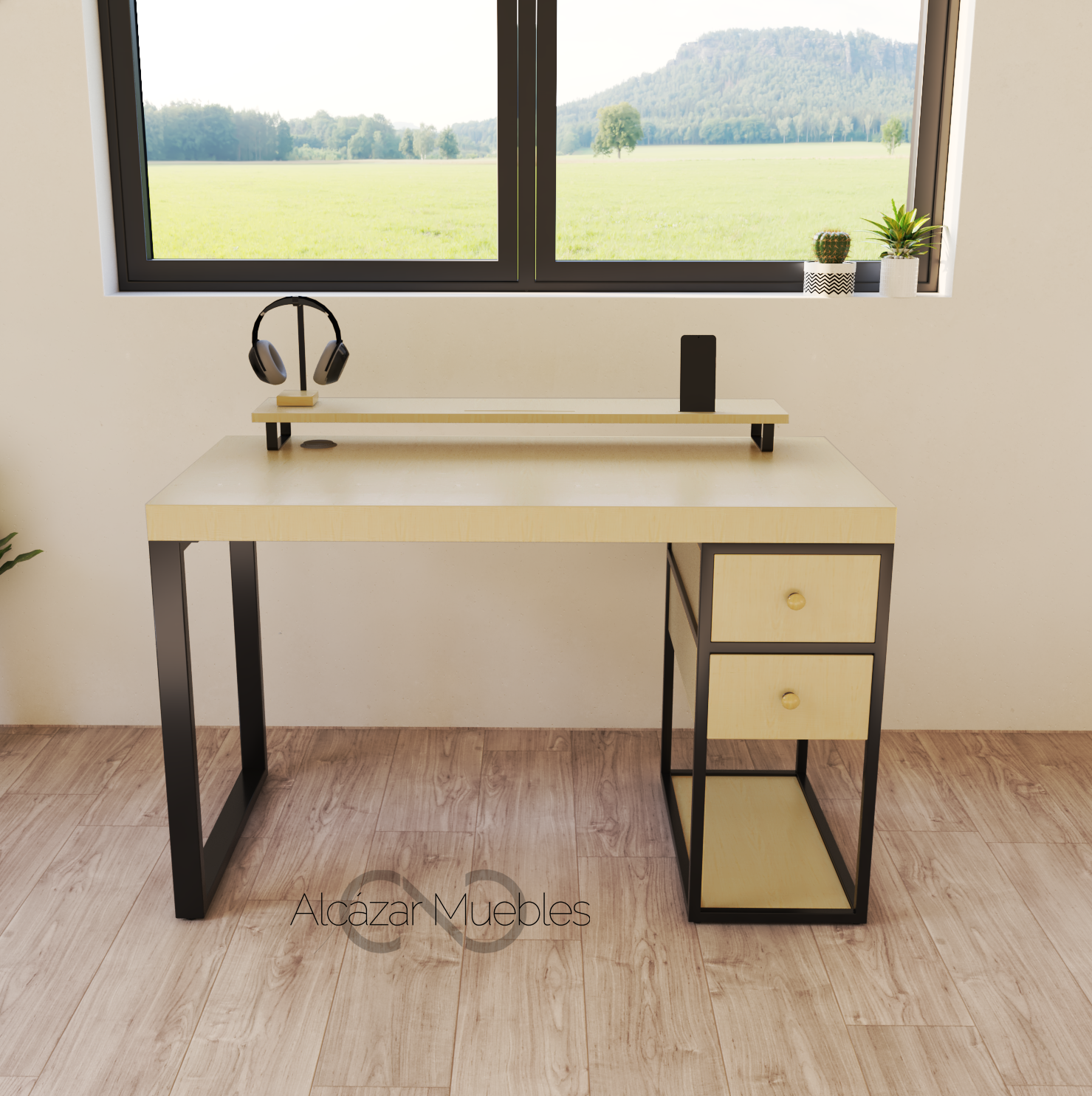 Escritorio Home Office 120 cm 2 Cajones del mismo lado Pino Alcazarmuebles.com