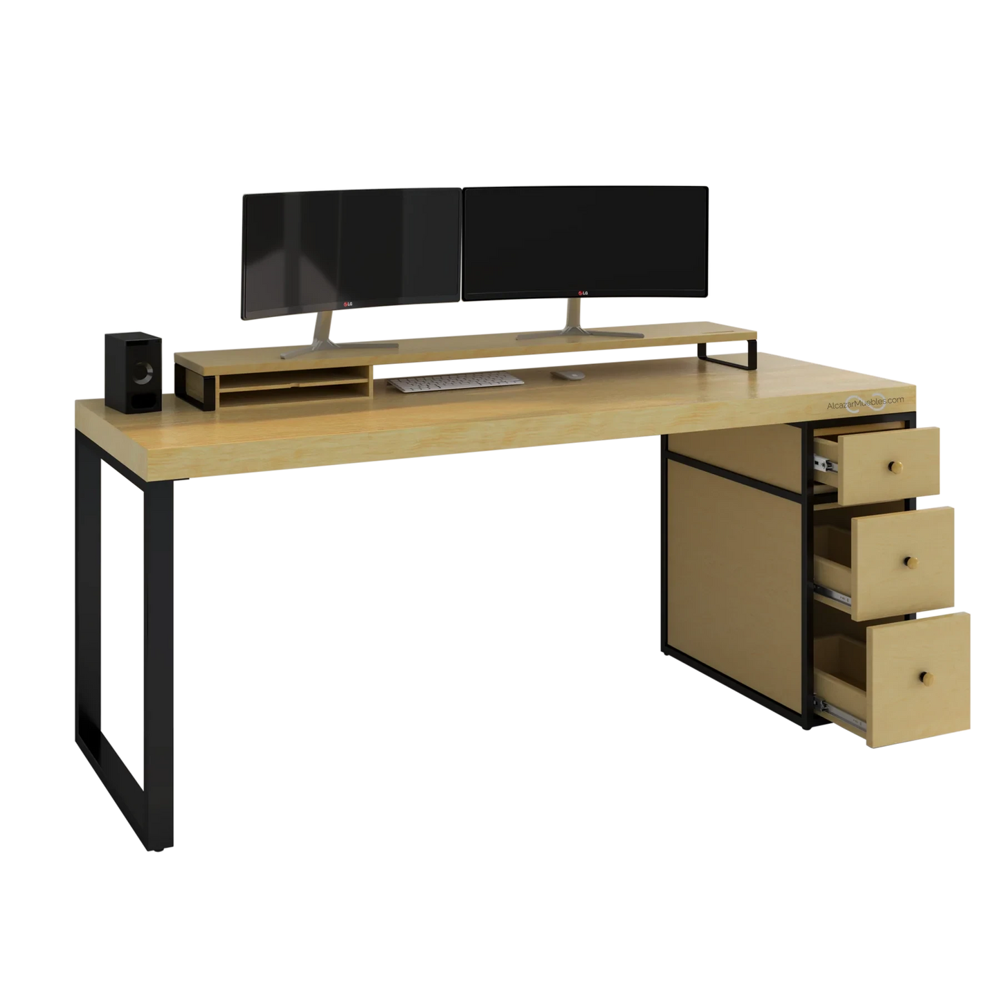 Aparador Grande Phoenix XXL De 180 Cm, En Color Blanco Y Madera, Con 4 Puertas Y 3 Cajones
