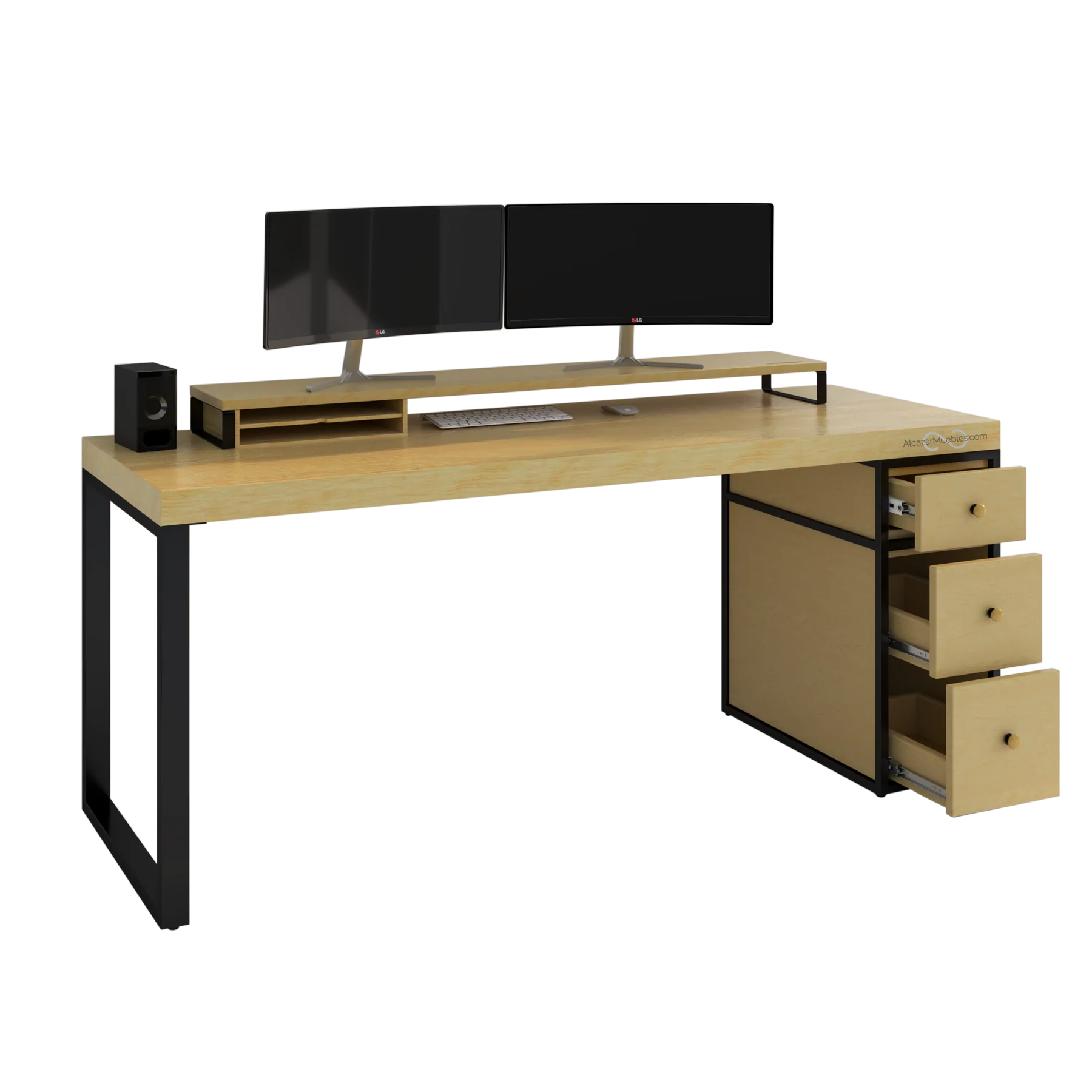 Escritorio Homeoffice 180 cm 3 cajones madera y metal Pino Alcazarmuebles.com