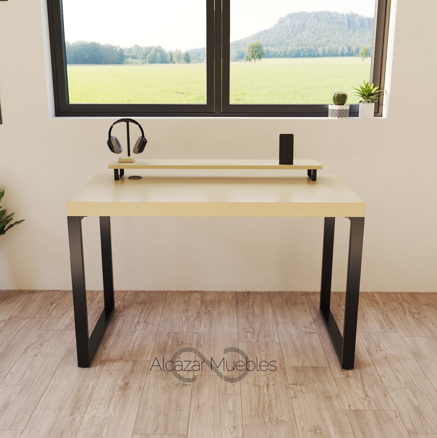 Escritorio Home Office 120 cm 2 soportes de metal Pino AlcazarMuebles.com