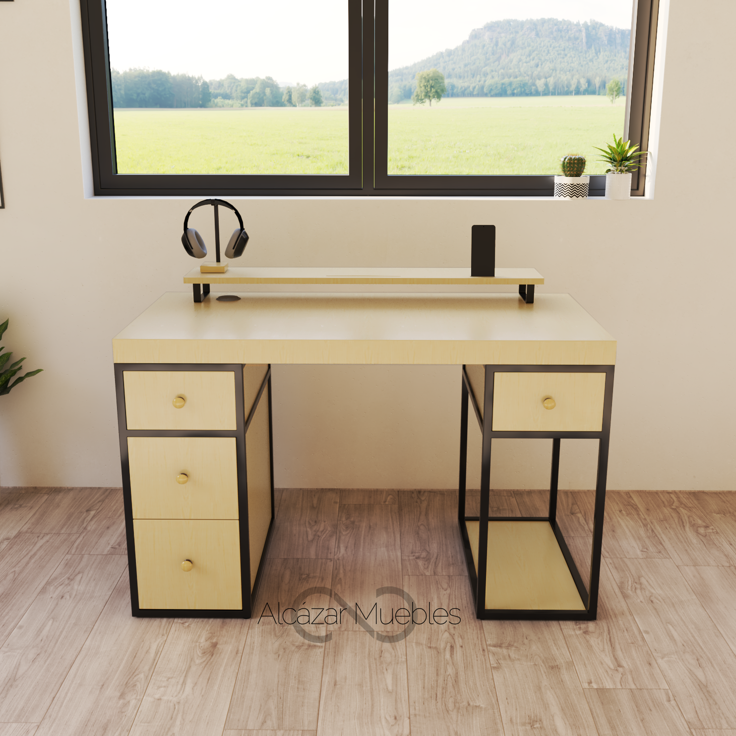Escritorio Home Office 120 cm 4 cajones Pino Alcazarmuebles.com