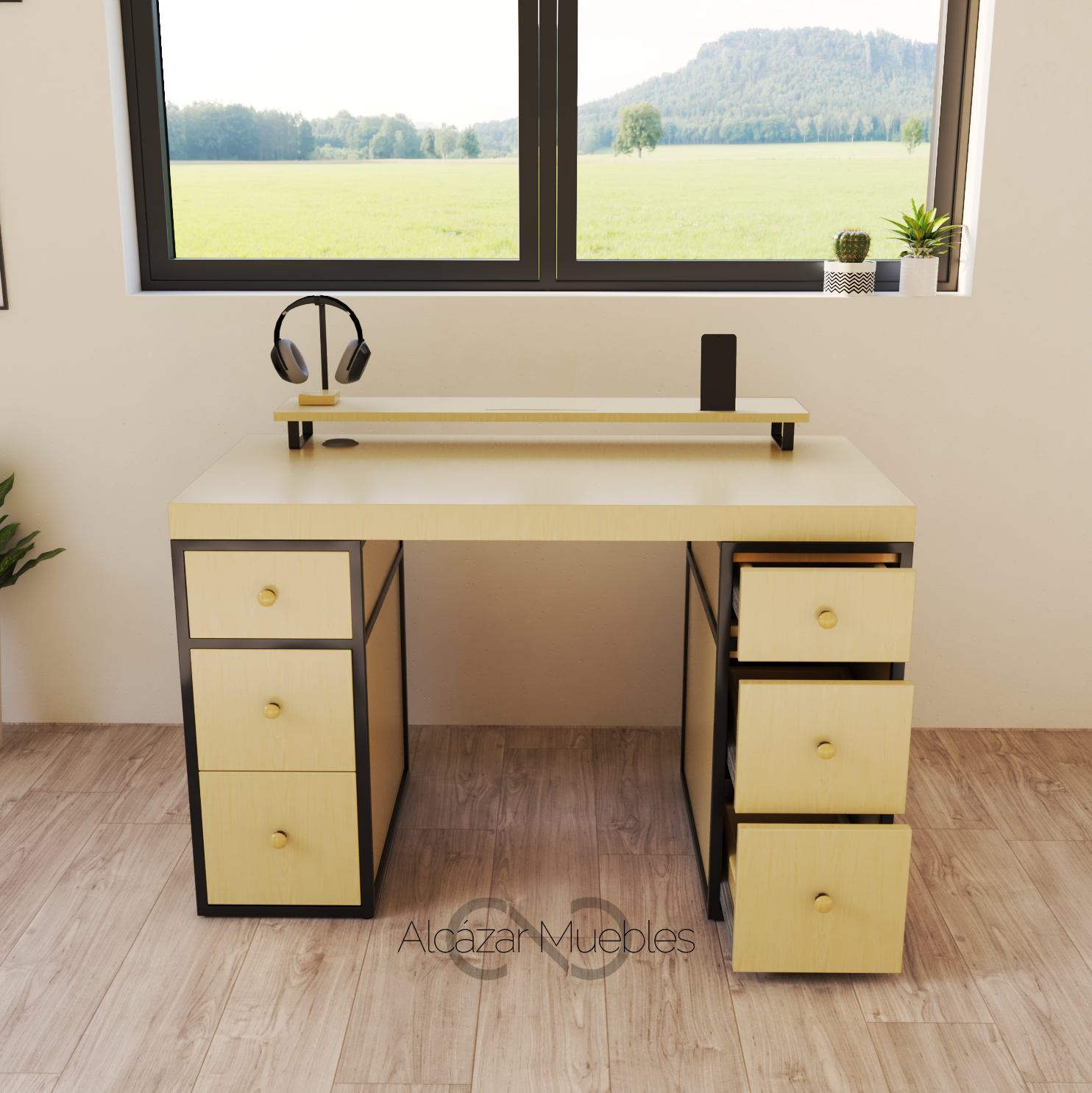 Escritorio Home Office 120 cm. 6 Cajones De Madera para Oficina Pino Alcazarmuebles.com