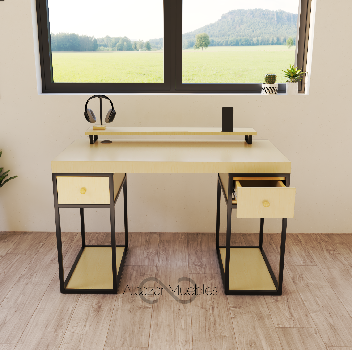 Escritorio Home Office 120 cm 2 cajones de madera. Pino Alcazarmuebles.com