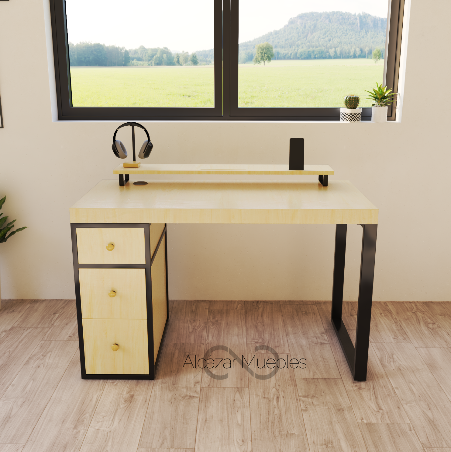 Escritorio Home Office 120 cm 3 cajones Pino Alcazarmuebles.com