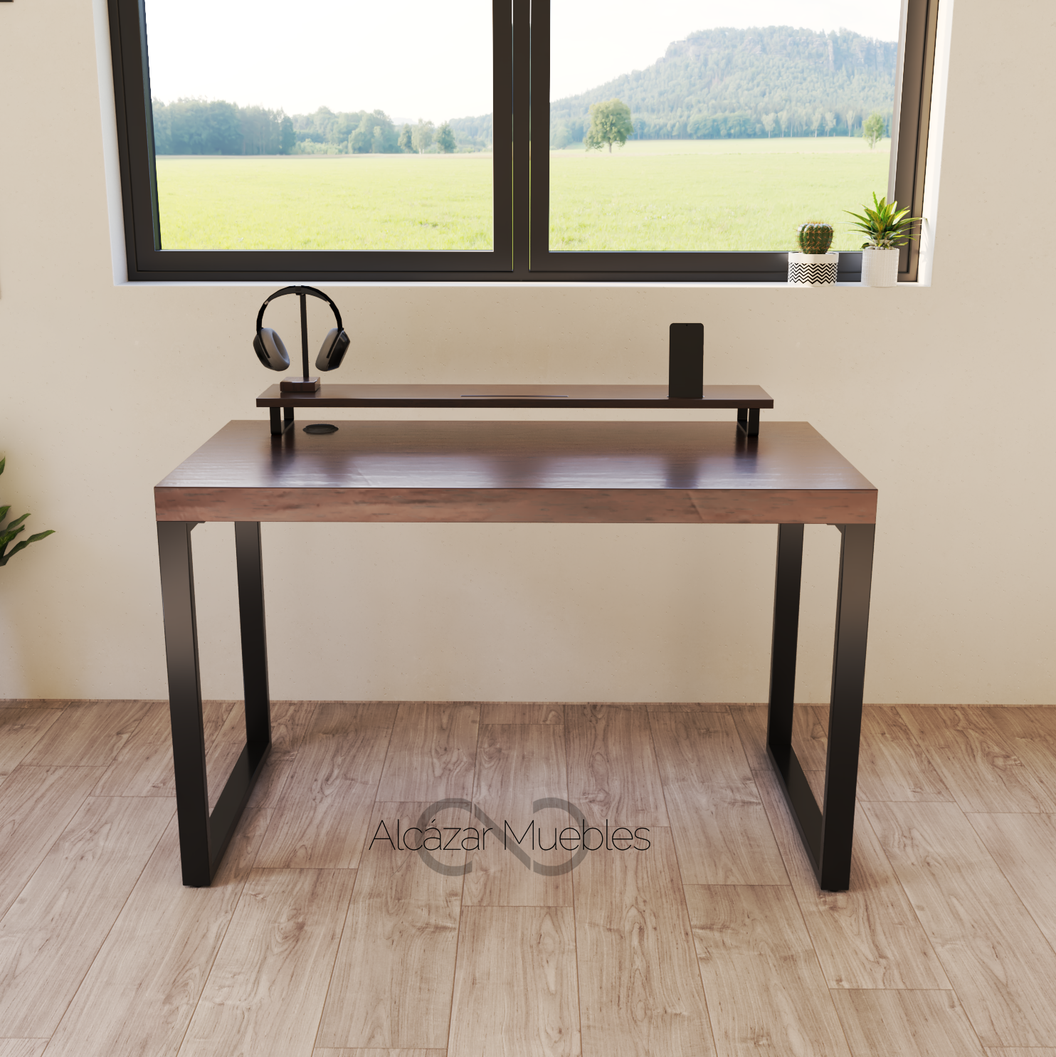 Escritorio Home Office 120 cm 2 soportes de metal Nogal AlcazarMuebles.com