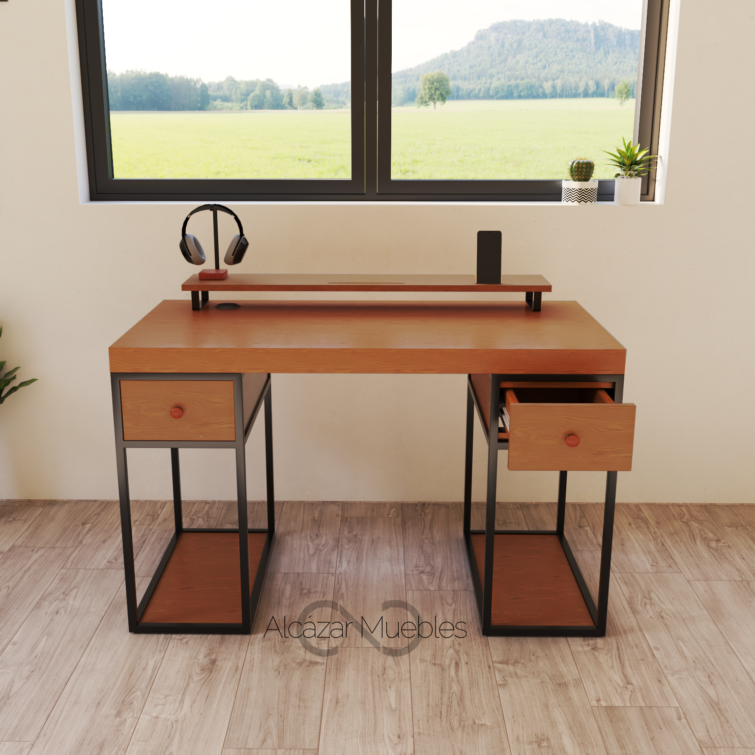 Escritorio Home Office 120 cm 2 cajones de madera. Cedro Alcazarmuebles.com