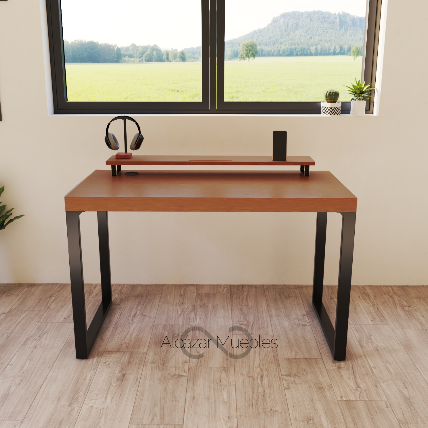 Escritorio Home Office 120 cm 2 soportes de metal Cedro AlcazarMuebles.com