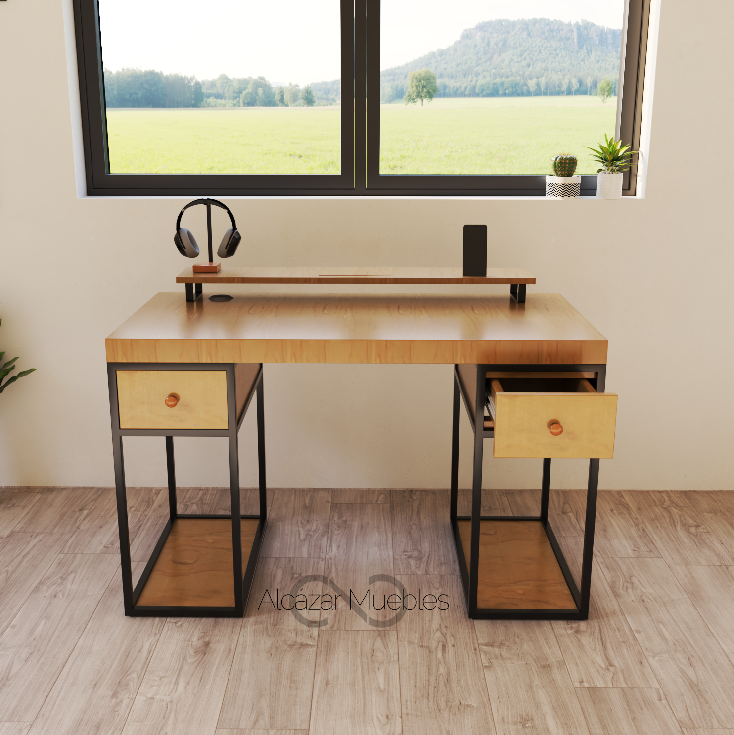 Escritorio Home Office 120 cm 2 cajones de madera. Roble Alcazarmuebles.com