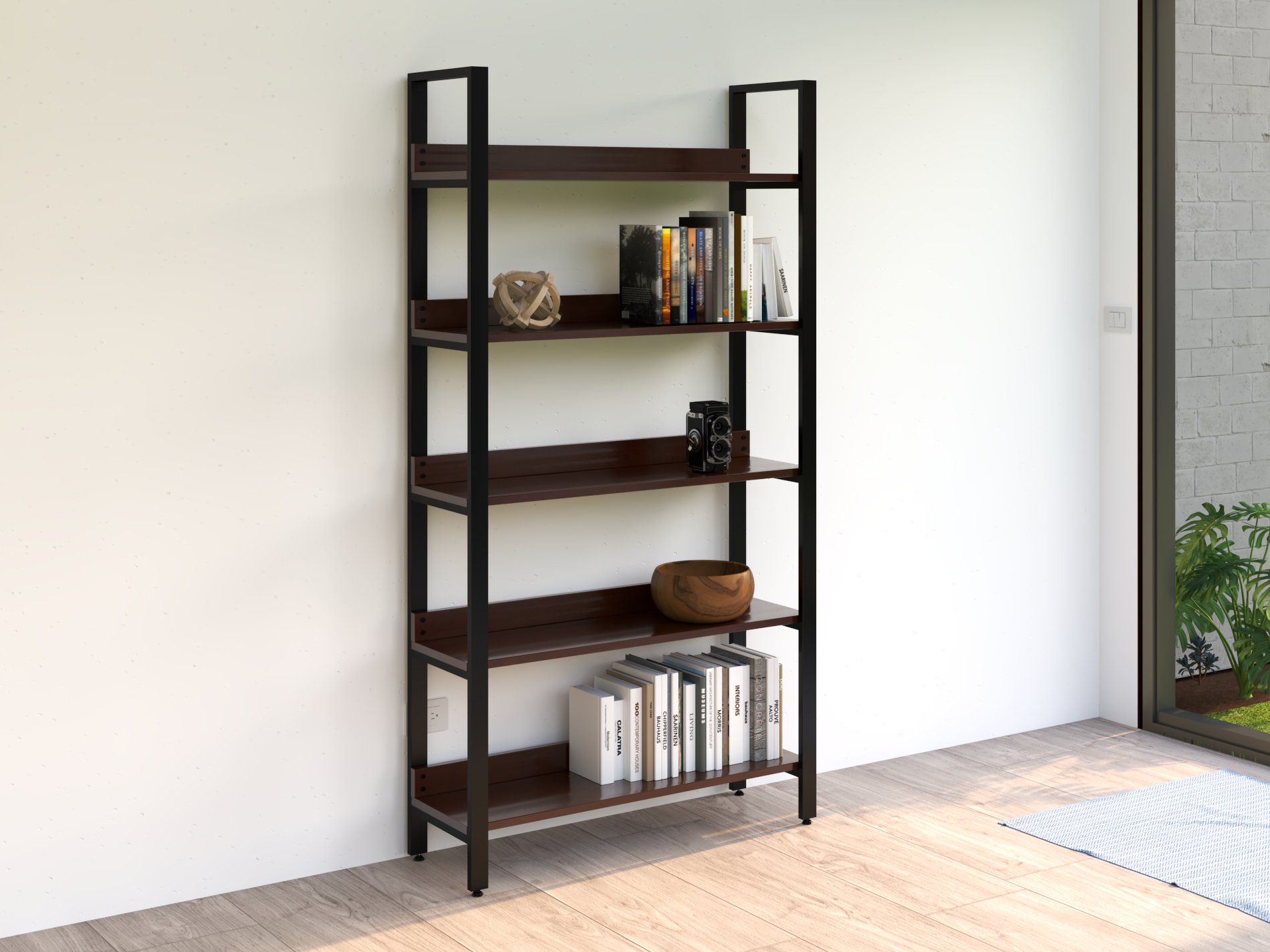 Librero Mod. Bergen 190 x 100 x 33 cm madera y metal estanteria Nogal Librero Alcazarmuebles.com