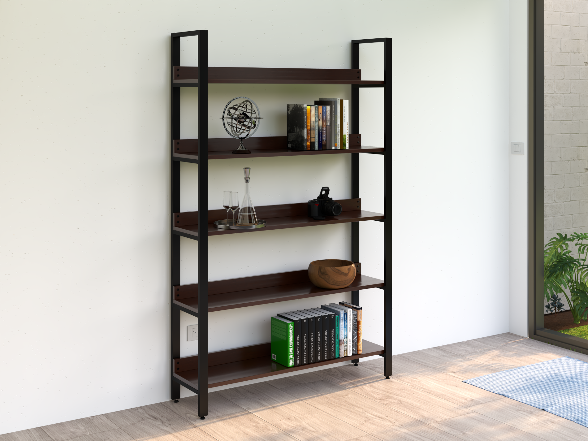 Librero Mod. Bergen 190 x 120 x 33 cm madera y metal estanteria Nogal Librero Alcazarmuebles.com