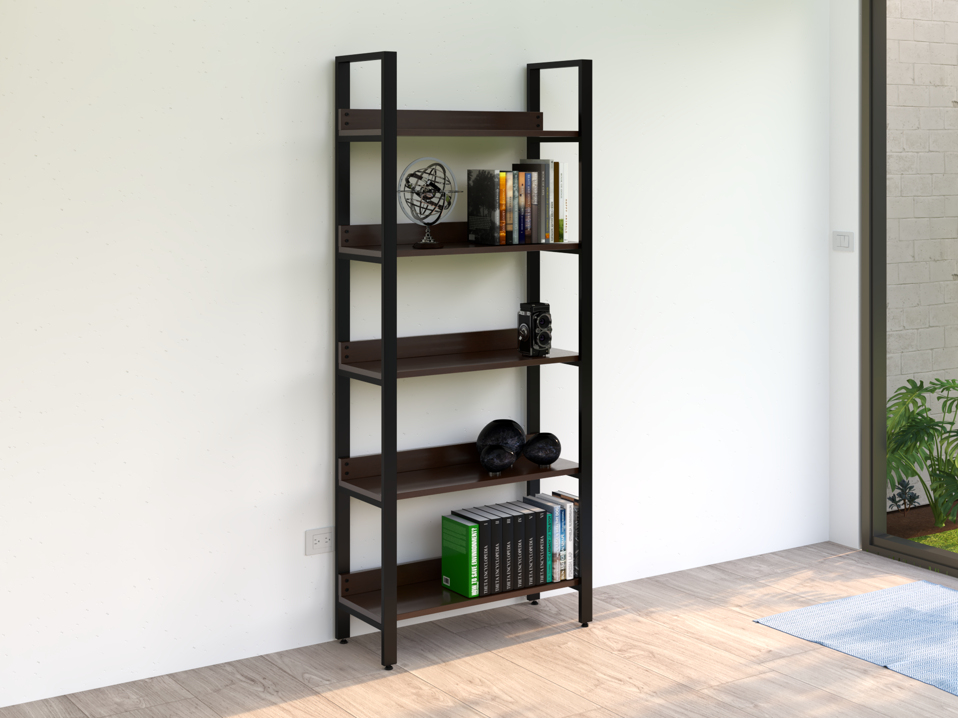 Librero Mod. Bergen 190 x 80 x 33 cm Madera y Metal Estanteria Nogal Librero Alcazarmuebles.com