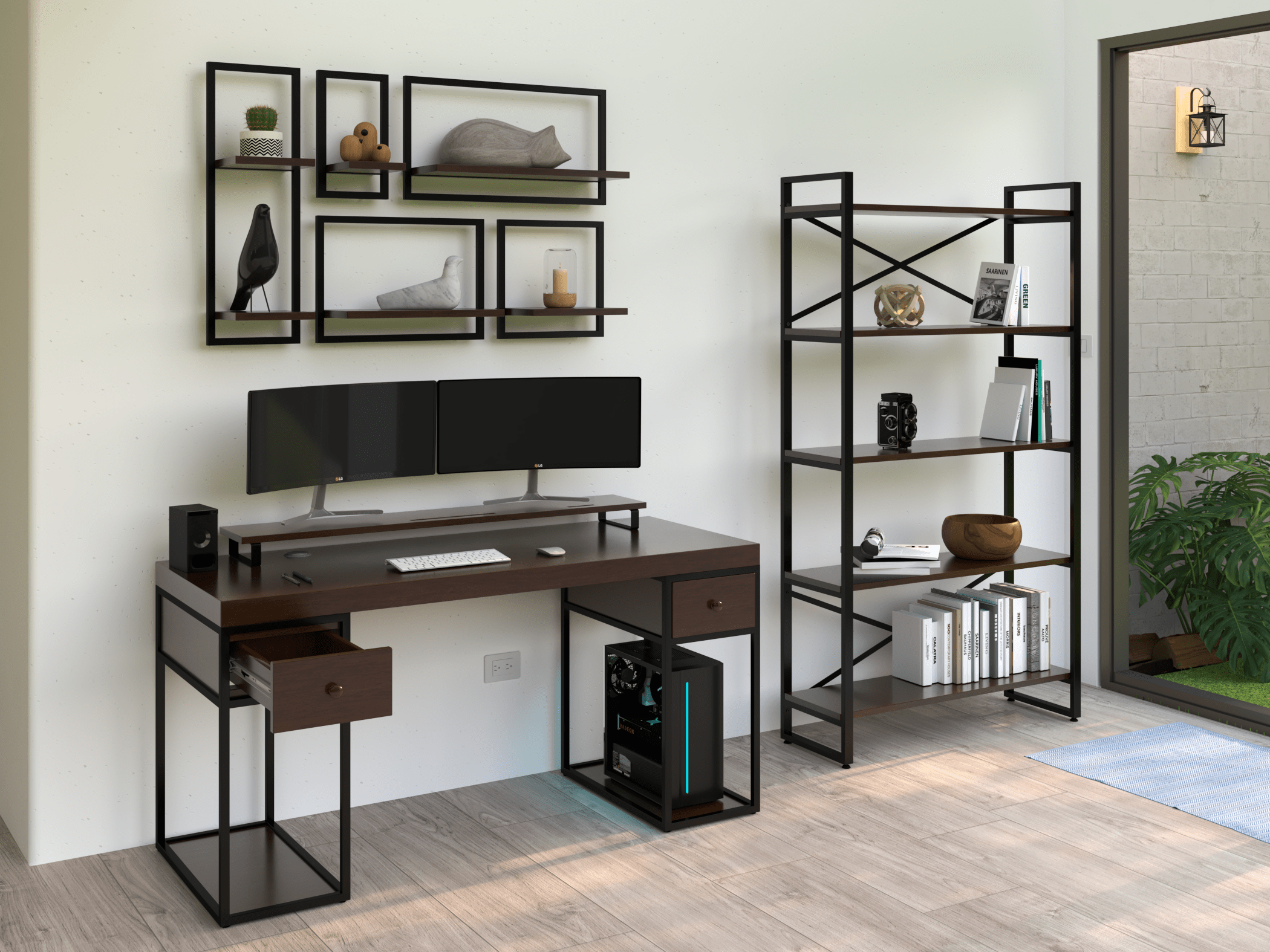 Escritorio Home Office 150 cm 2 cajones estilo Industrial 100% madera Alcazarmuebles.com