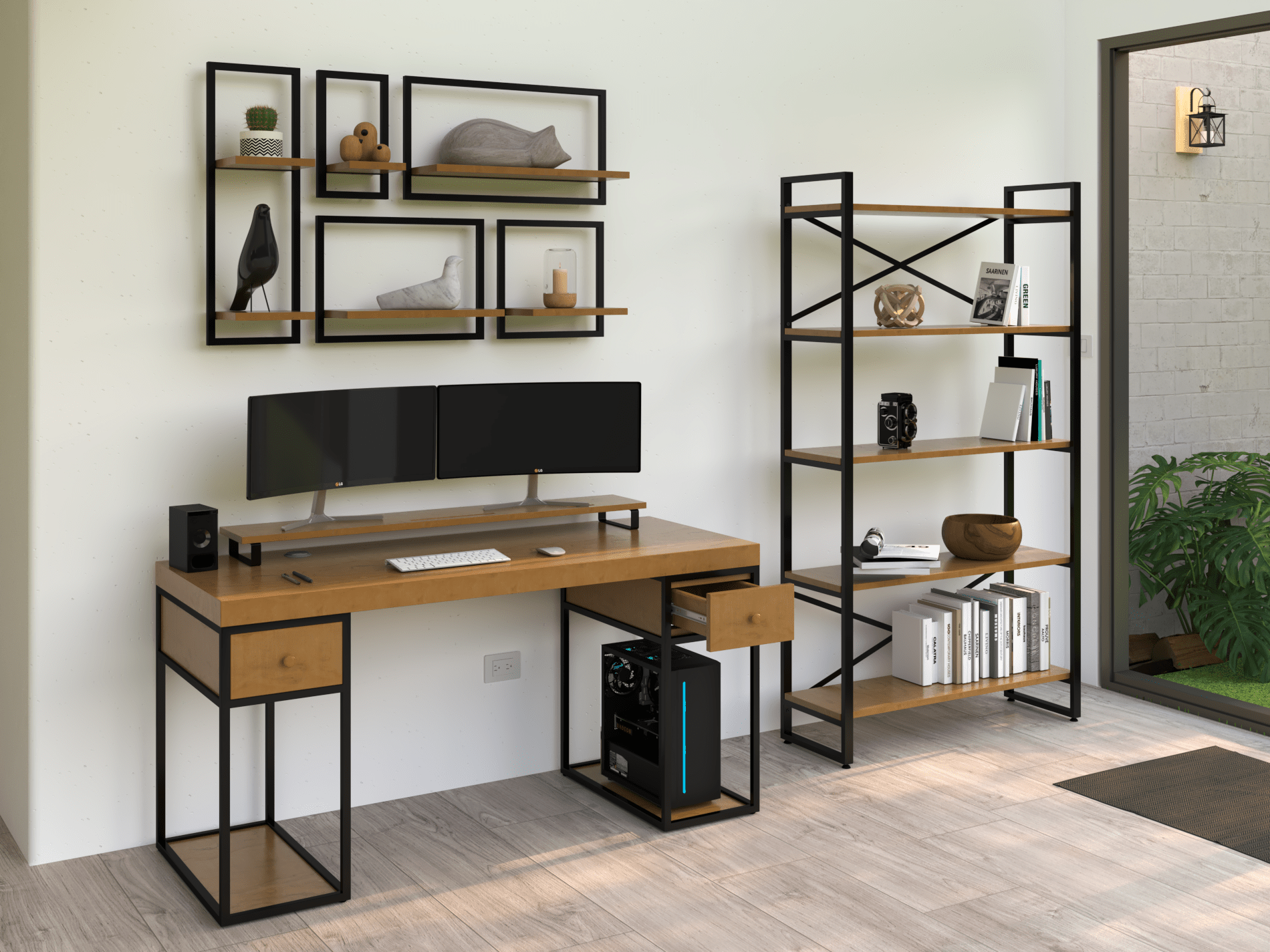 Escritorio Home Office 150 cm 2 cajones estilo Industrial 100% madera Alcazarmuebles.com
