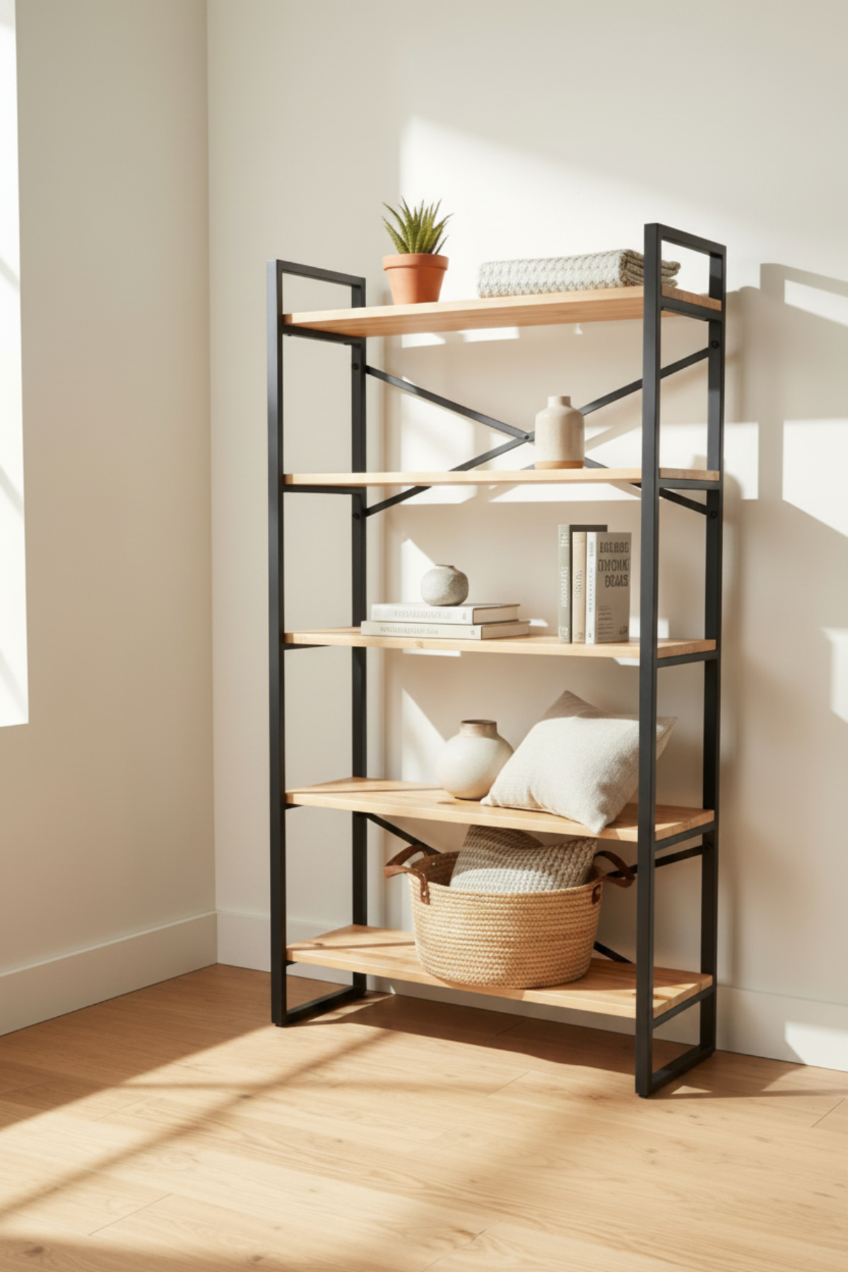 Estantería industrial Fily 180 cm de alto con 5 entrepaños de madera maciza y estructura  de acero, envío a todo México