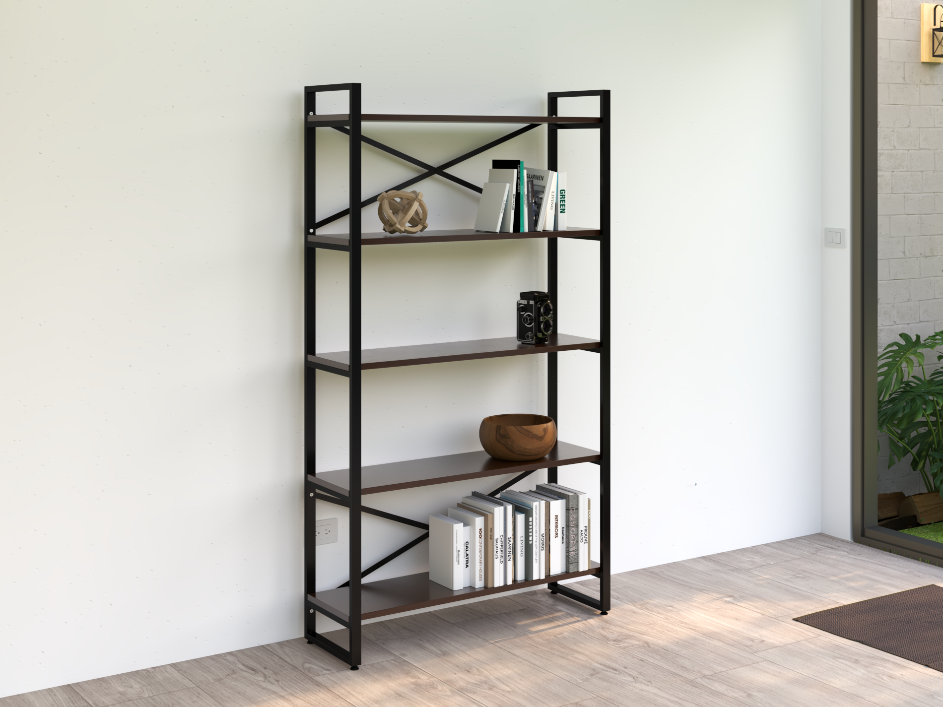 Librero industrial metal modelo Fily Nogal Homeoffice alcazarmuebles.com