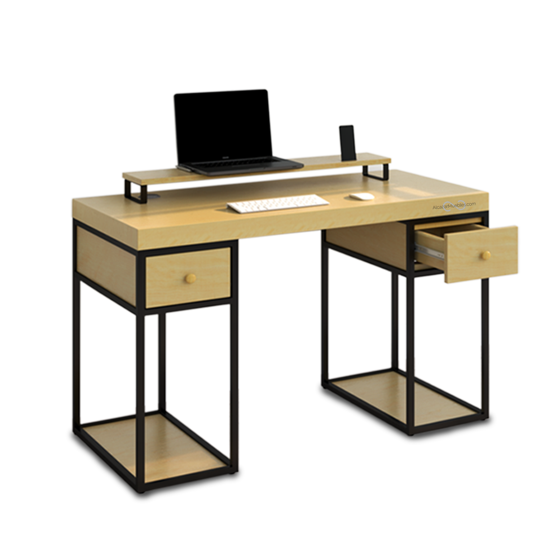 Escritorio estilo industrial con cajones. Con repisa para monitor. 120cm de largo x 60cm de ancho y 75 cm de alto. Color pino.