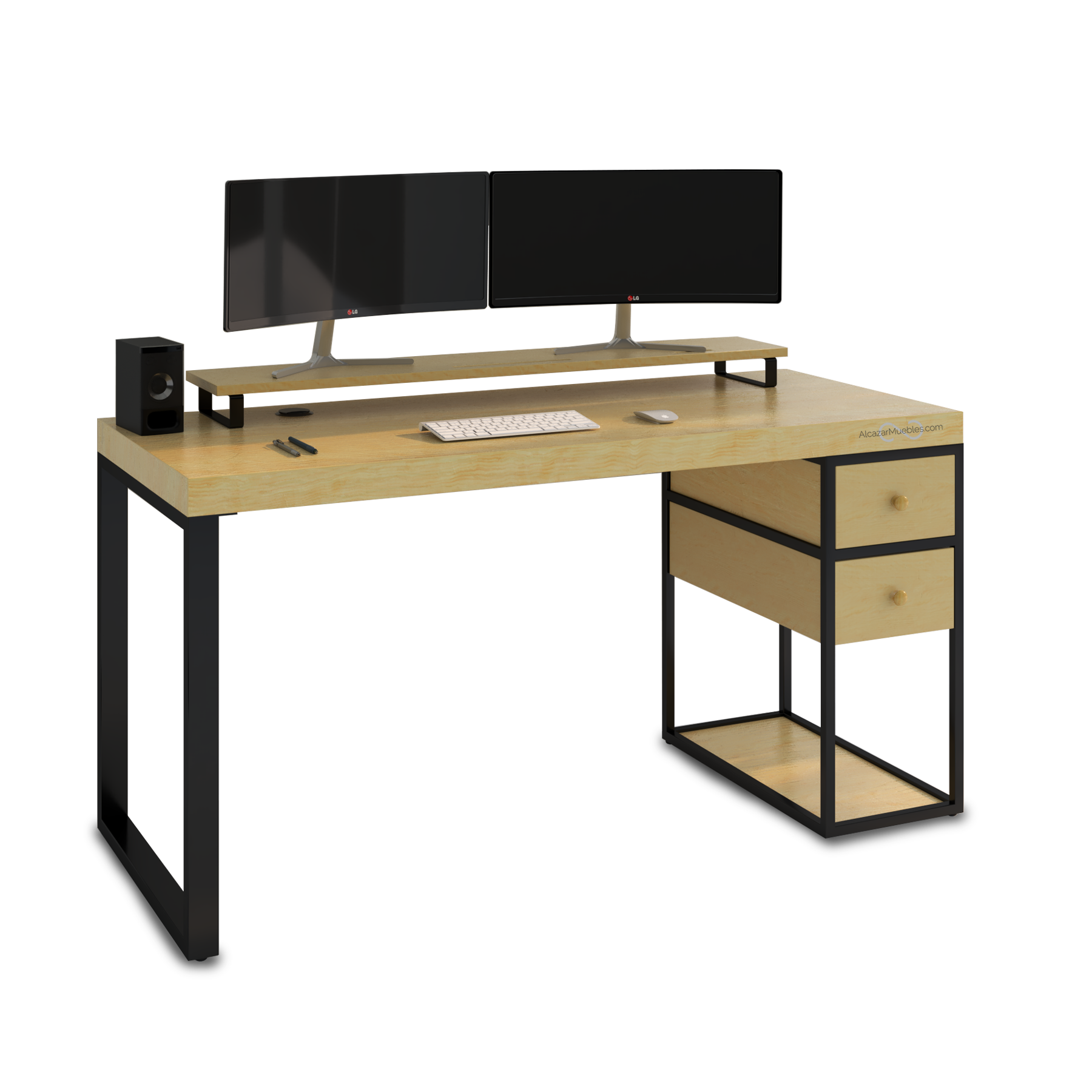 Escritorio Home Office 150 cm 2 cajones 1 cajonera Industrial madera Alcazarmuebles.com