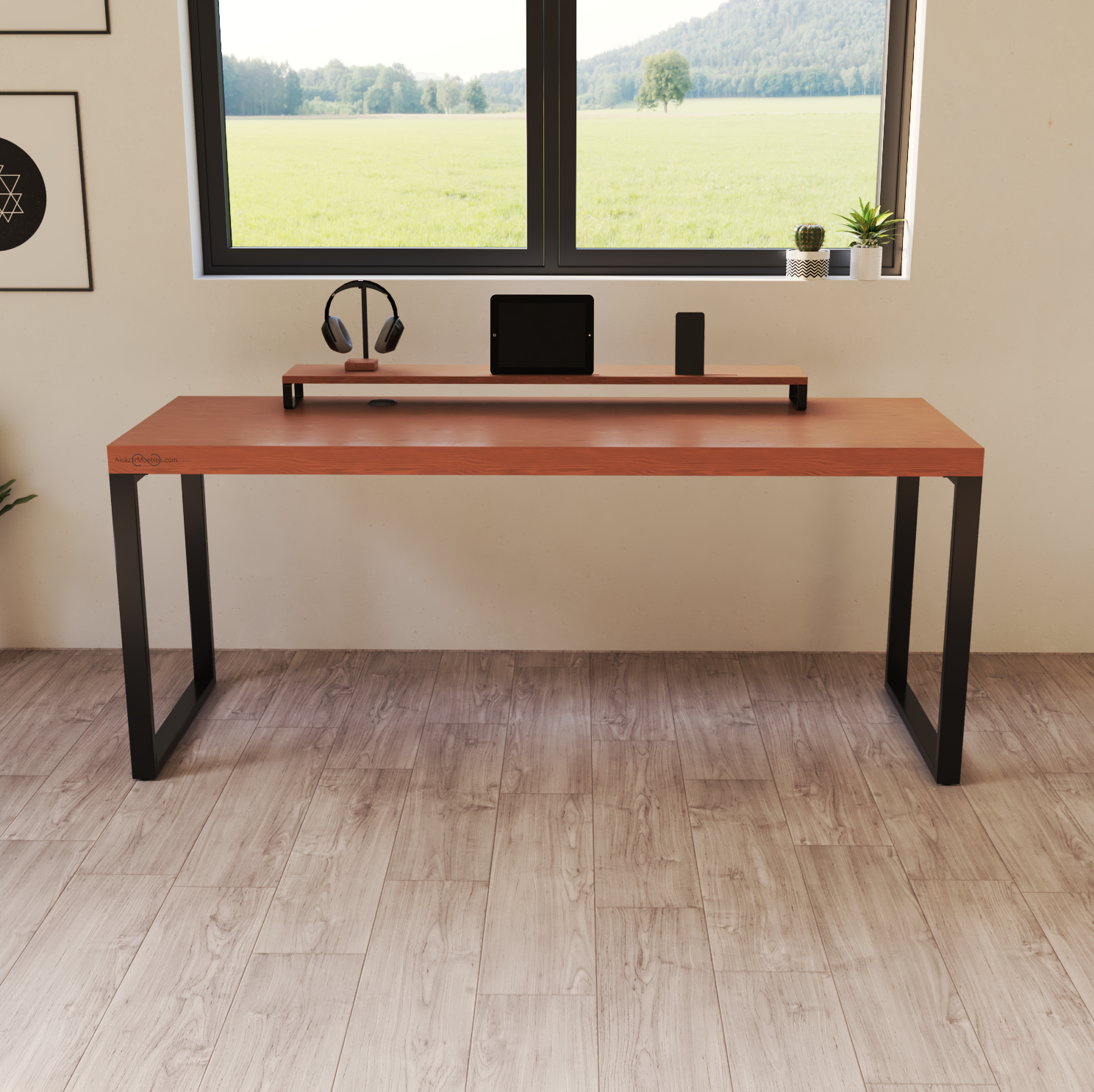 Escritorio Home Office 180 cm 2 soportes industrial Cedro Alcazarmuebles.com