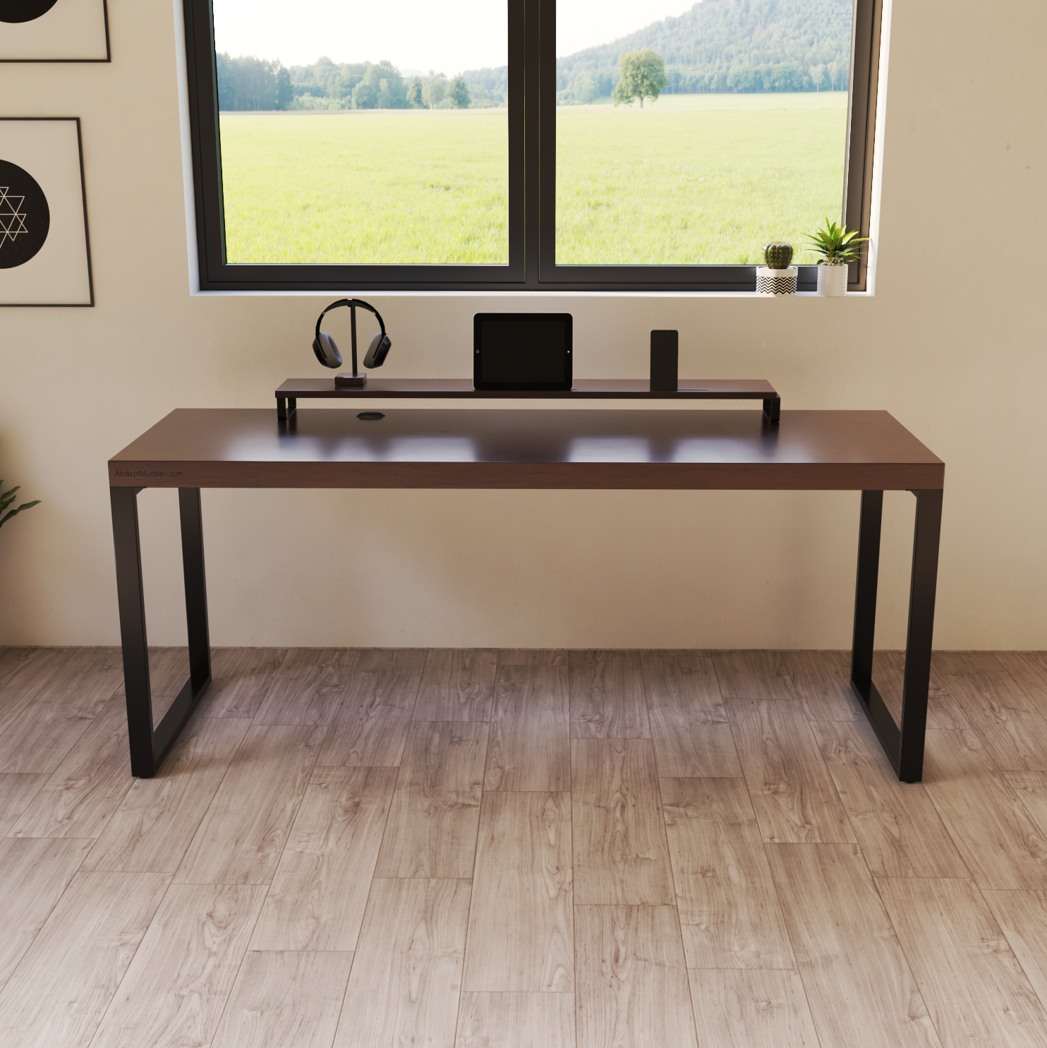 Escritorio Home Office 180 cm 2 soportes industrial Nogal Alcazarmuebles.com
