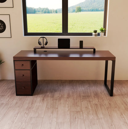 Escritorio Homeoffice 180 cm 3 cajones madera y metal Nogal Alcazarmuebles.com