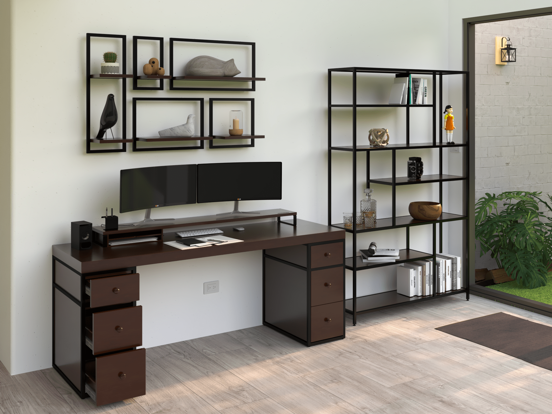 Escritorio Home Office 180 cm. 6 Cajones Madera y Metal Alcazarmuebles.com