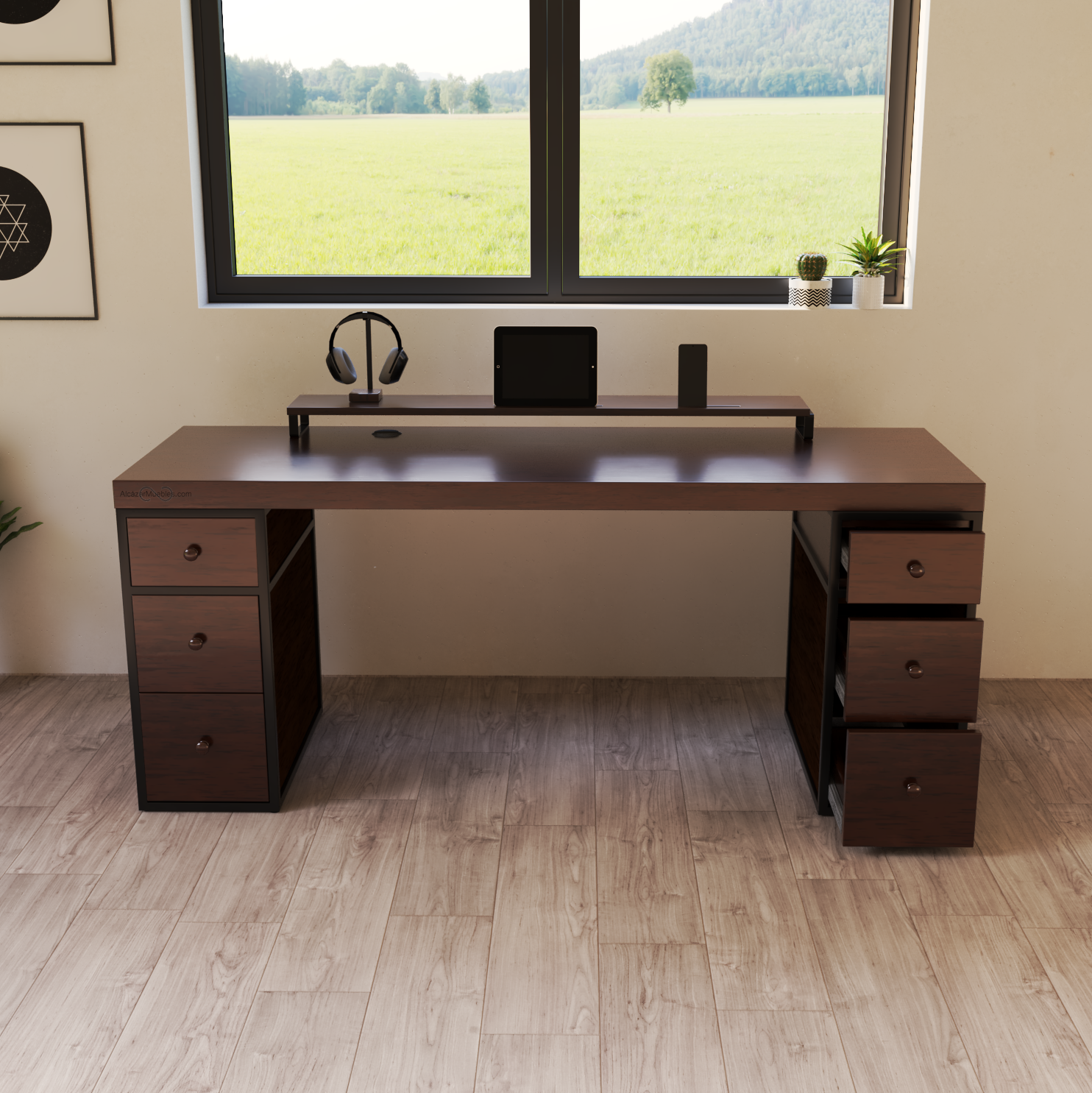 Escritorio Home Office 180 cm. 6 Cajones Madera y Metal Nogal Alcazarmuebles.com