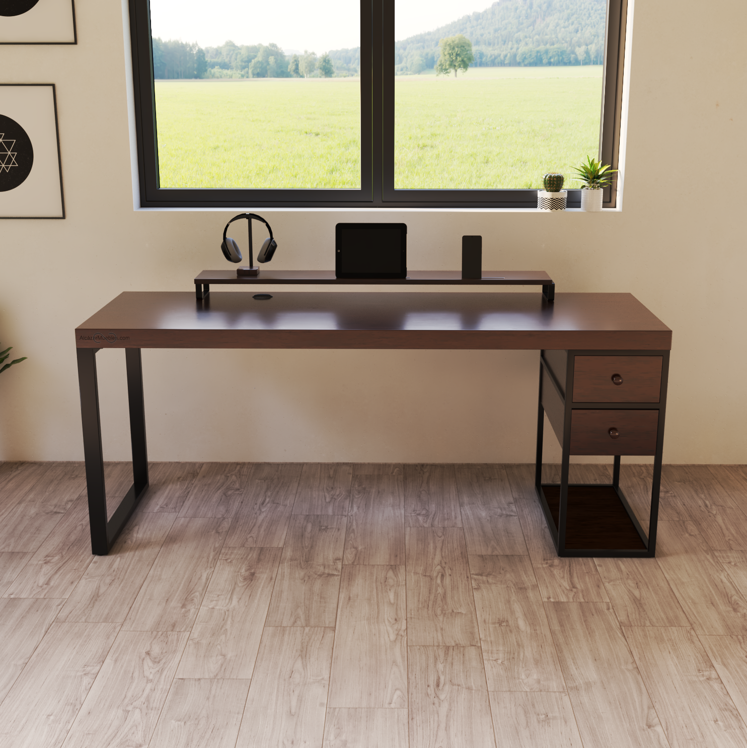 Escritorio Home Office 180 cm 2 cajones mismo lado Industrial madera Nogal Alcazarmuebles.com
