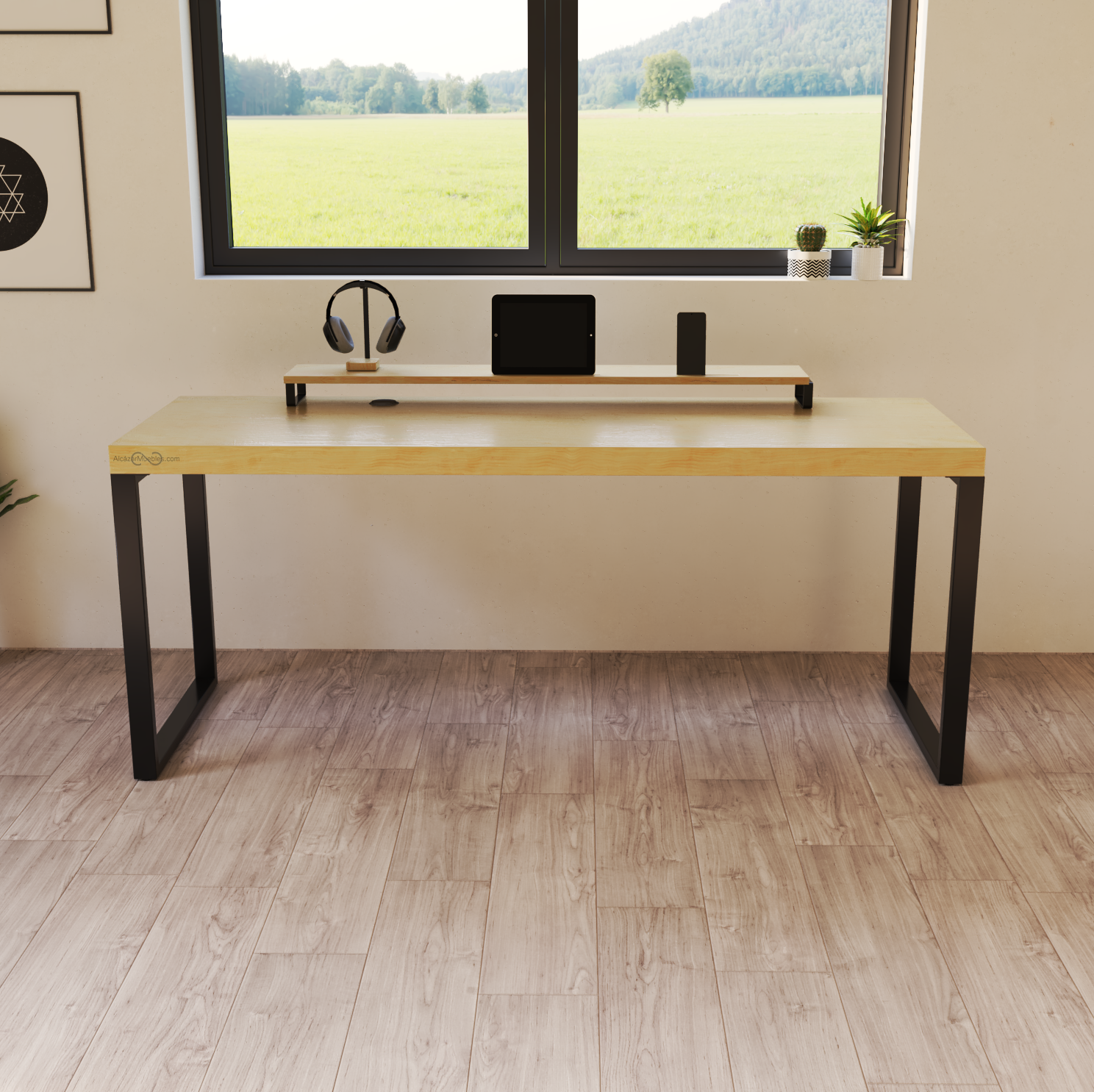 Escritorio Home Office 180 cm 2 soportes industrial Alcazarmuebles.com