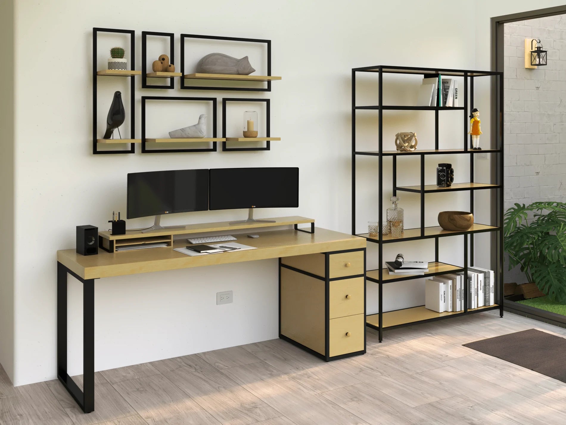 Escritorio Homeoffice 180 cm 3 cajones madera y metal Alcazarmuebles.com