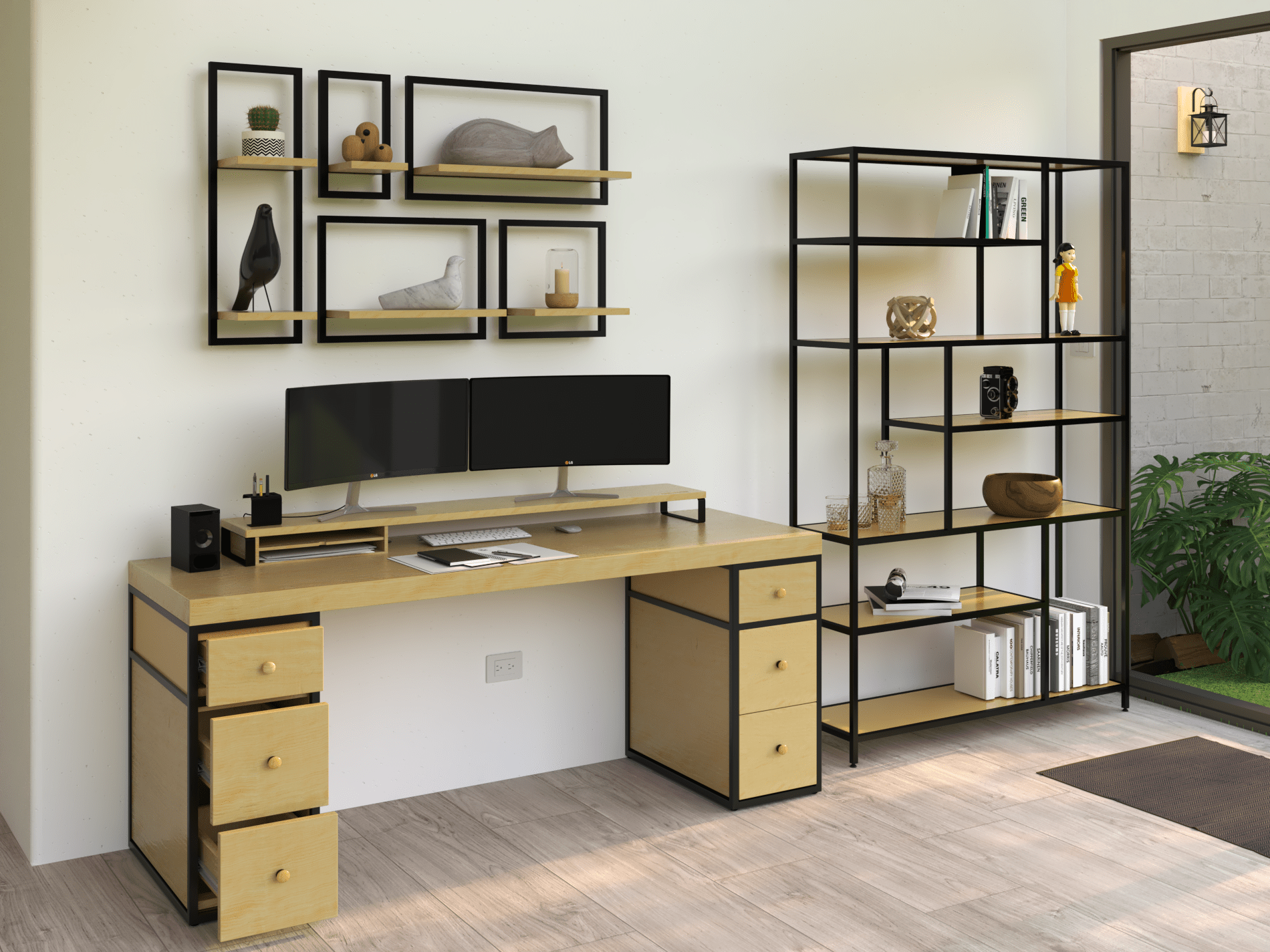 Escritorio Home Office 180 cm. 6 Cajones Madera y Metal Alcazarmuebles.com